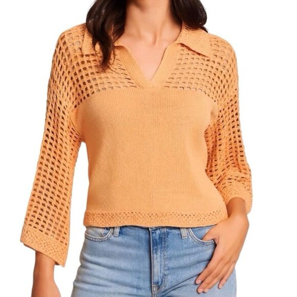 Rachel Zoe Women's Apricot Coral V-Neck Collared Crochet Open Weave Sweater